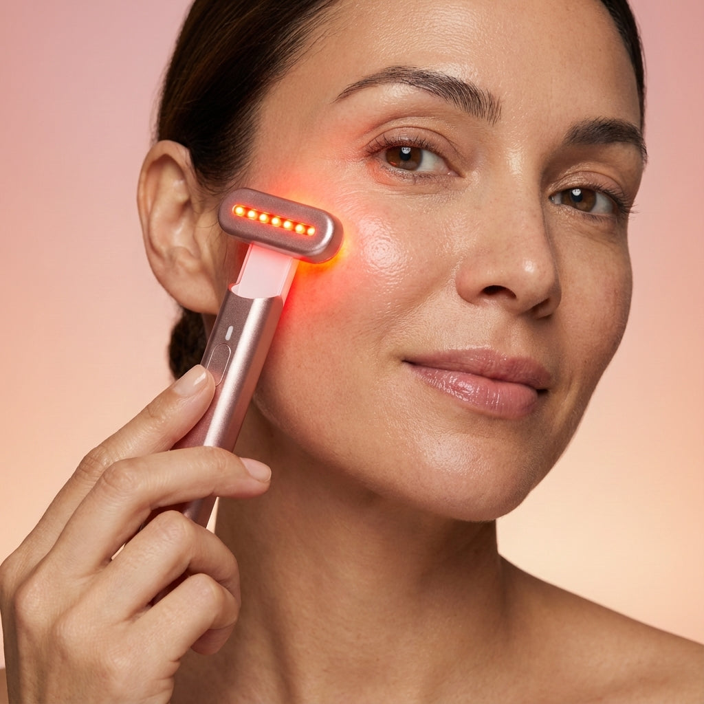 Woman using a red light device on her face against a pink background
