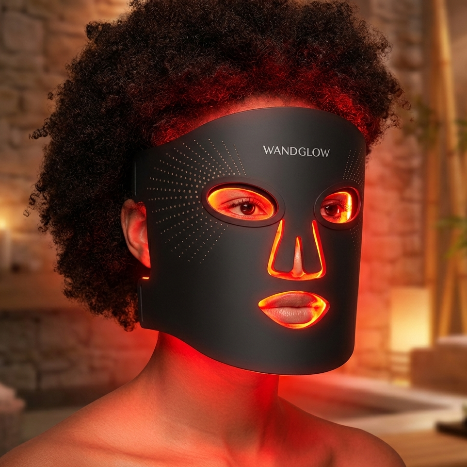 Person wearing a black LED face mask with visible brand 'Wandglow' in a warm-toned indoor setting.