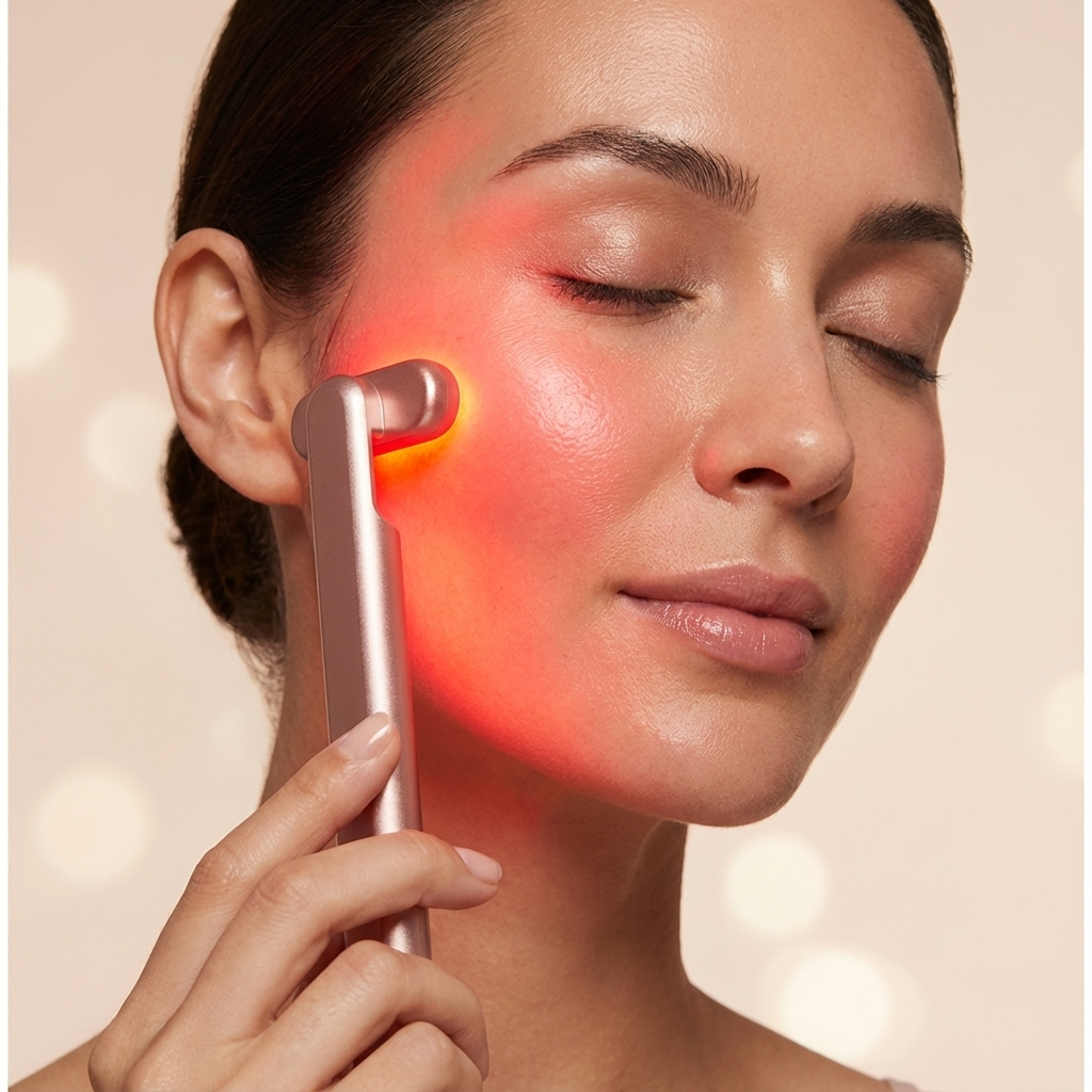 Woman using a facial device on her face with a warm glow.