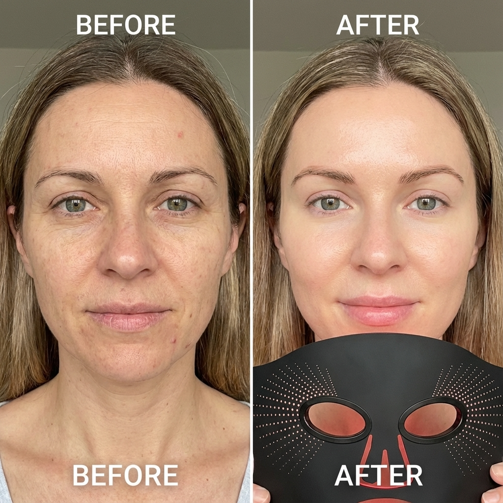 Before and after comparison of a woman's face with a skincare mask labeled.