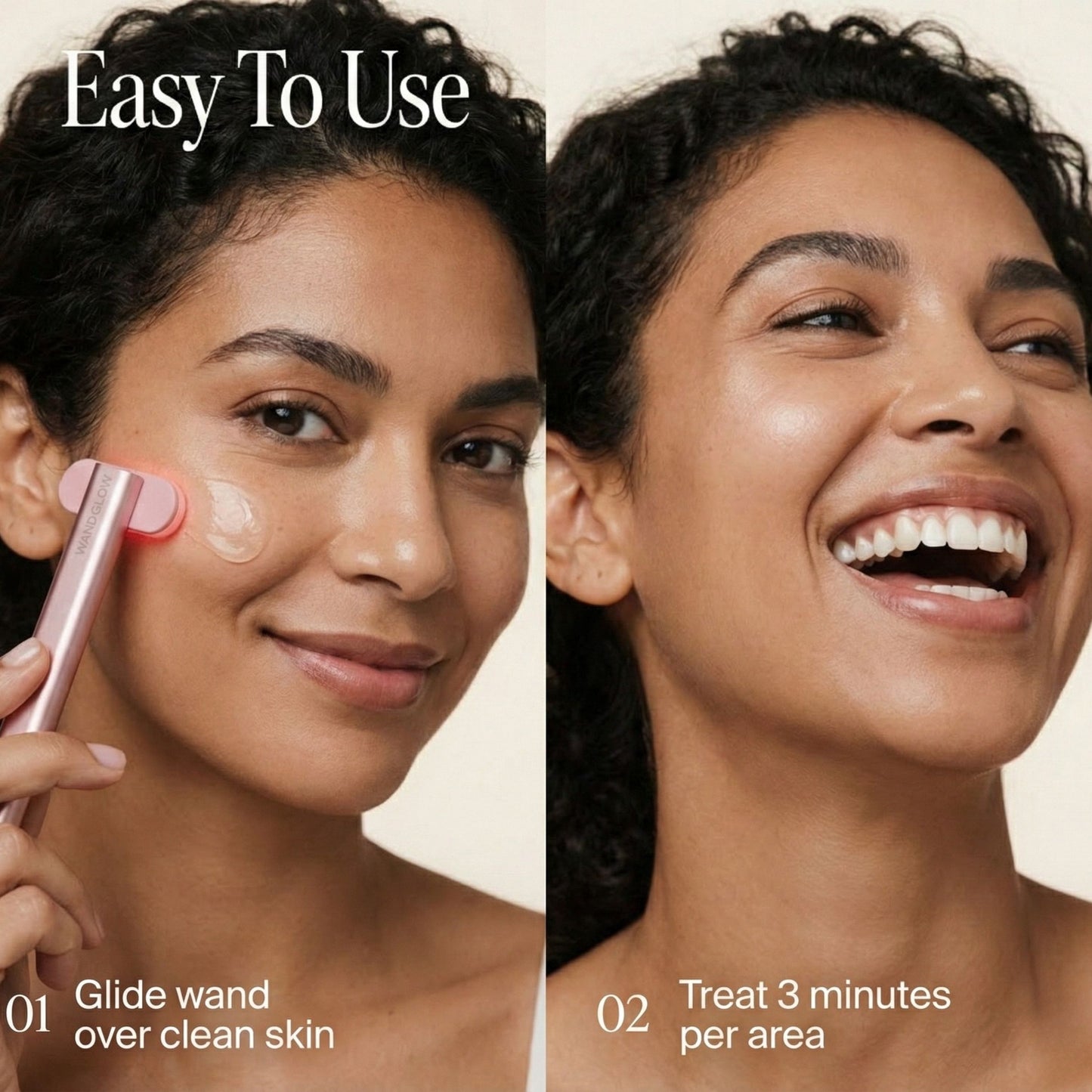 Woman using a skincare device with text on how to use it, on a beige background.