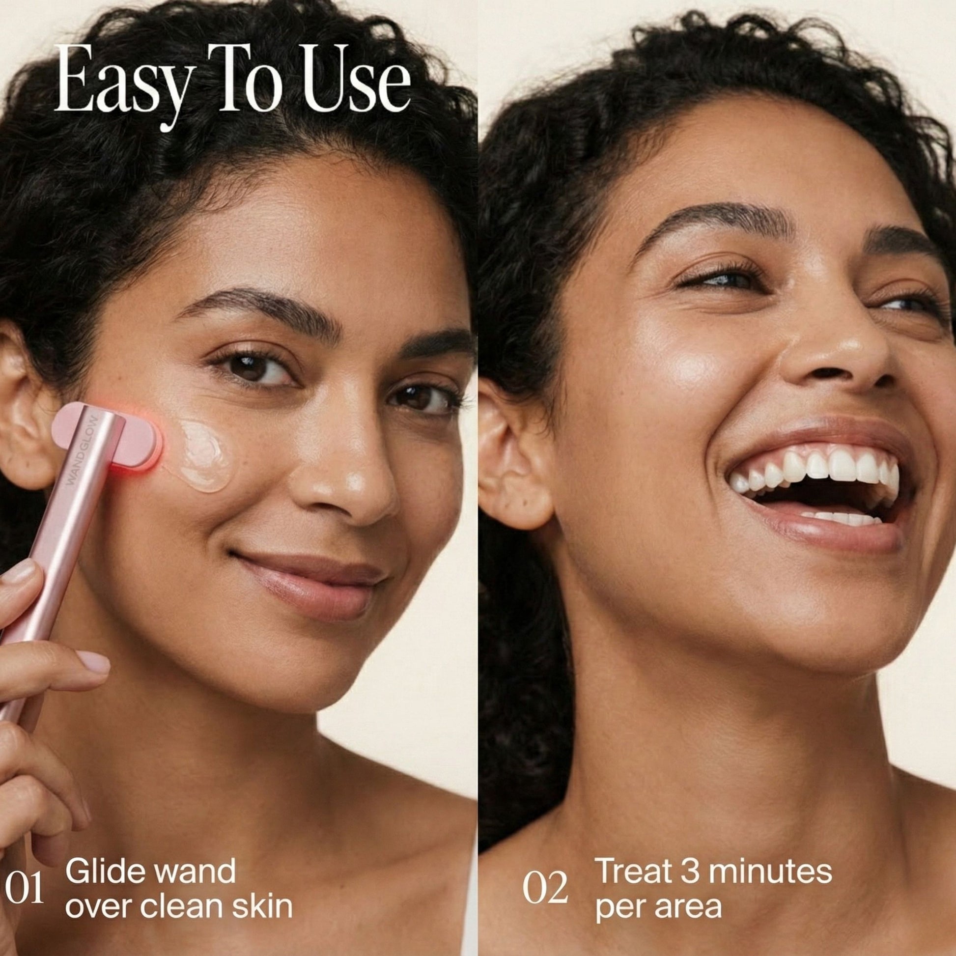 Woman using a skincare device with text on how to use it, on a beige background.