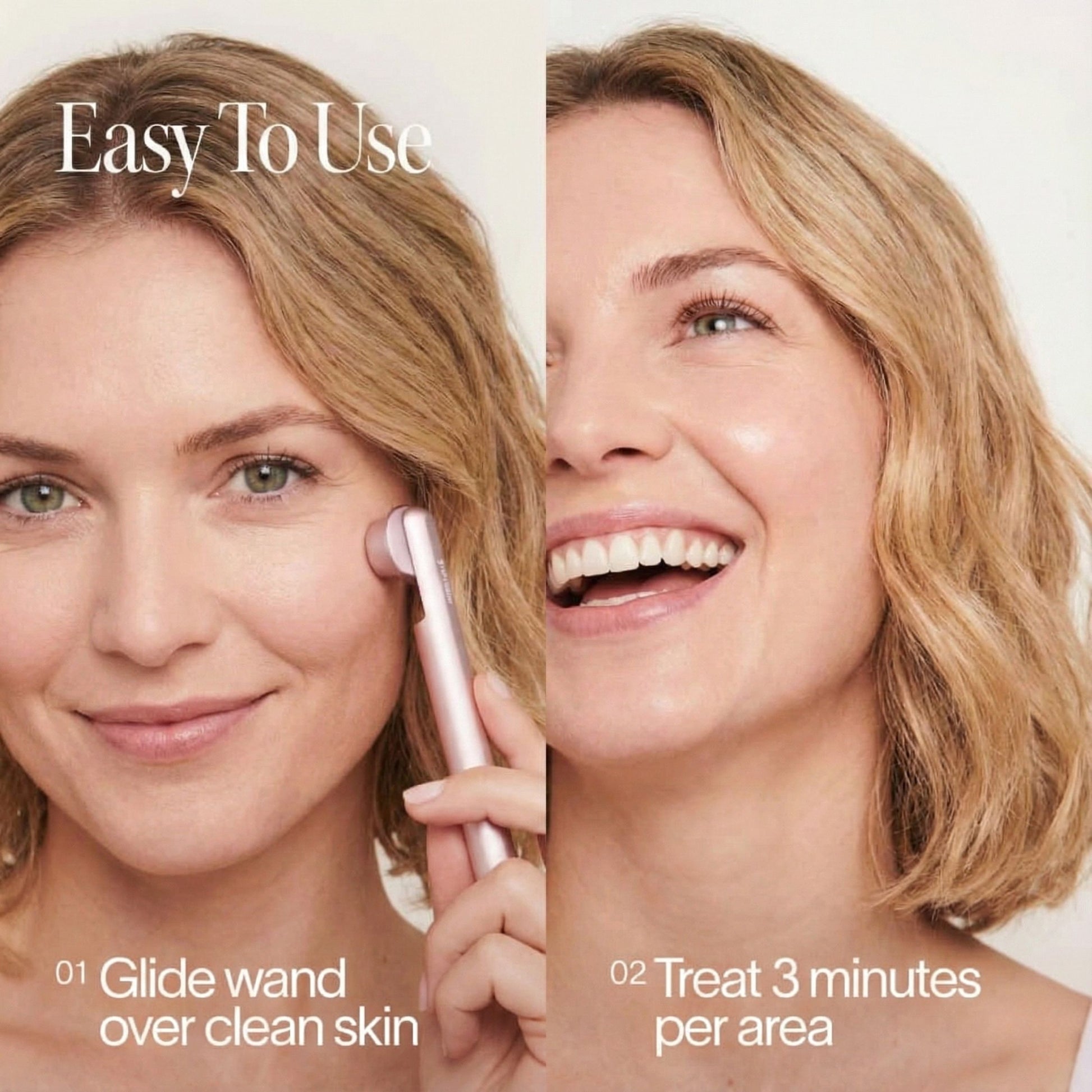 Woman using a skincare device with text on how to use it