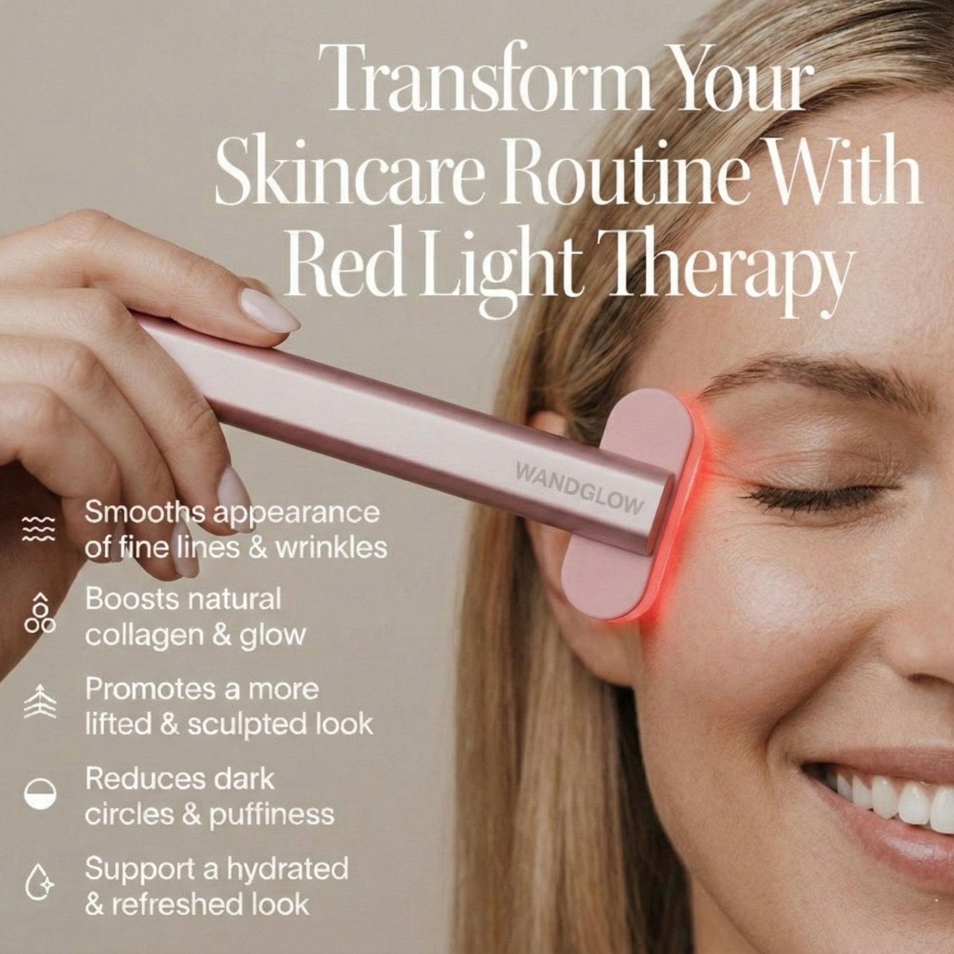Woman using a red light therapy device on her face with text highlighting benefits.
