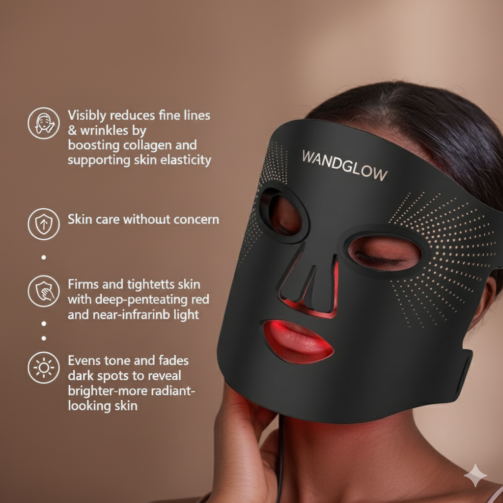 Person wearing a black Wandglow face mask with product features on a brown background