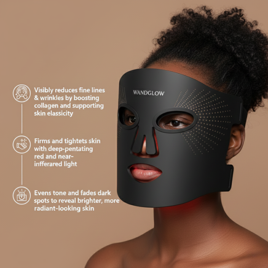 Person wearing a black face mask with Wandglow branding on a beige background